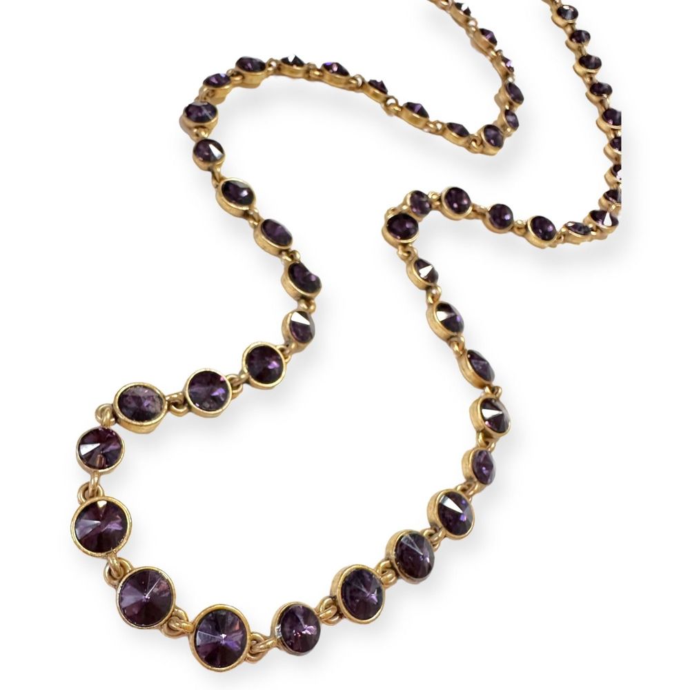 Vintage Amethyst Inlay Long Gold Tone Chain Necklace - Picture 2 of 8
